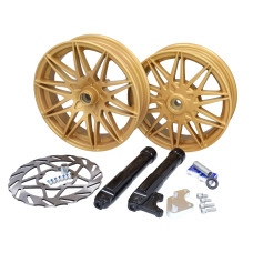 wielset Fast Arrow Pro 11 en 12 inch wiel + oversized remschijfset goud piaggio, zip 2t , zip 4t, zip2000 wielset Fast Arrow Pro 11 en 12 inch wiel + oversized remschijfset goud piaggio, zip 2t , zip 4t, zip2000